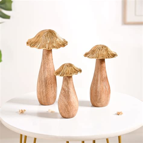Gold Mushrooms Wooden Decor Showpieces Set Of 3 Online - Premium Decor ...