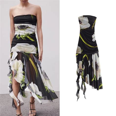 ⚡️(Fast Delivery) Floral Mesh Strapless Ruffled Midi Dress