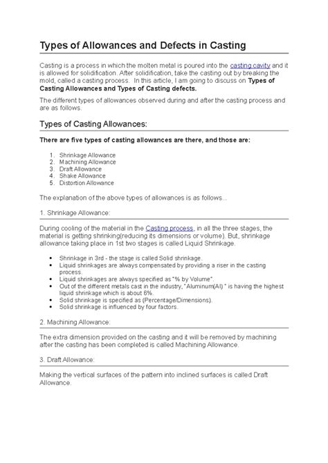 Types of Casting Allowances and Defects: A Comprehensive Guide - Studocu