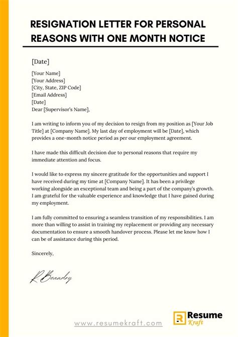 Resignation Letter Template 1 Month Notice