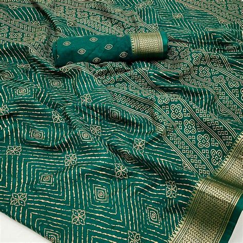 Green Geometric Printed Dola Silk Saree With Jacquard Border