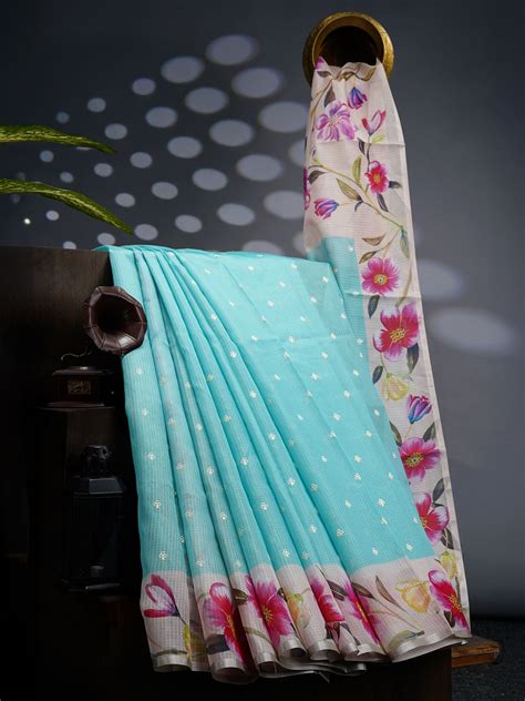 Kota Silk Saree With Thread Work Butties Floral Border - SKY BLUE ...