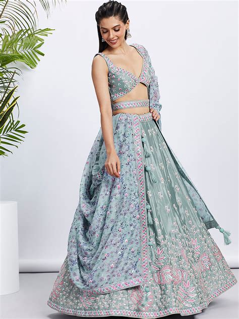Lime Green Sequin Sparkle Lehenga Choli Set with Thread Embr