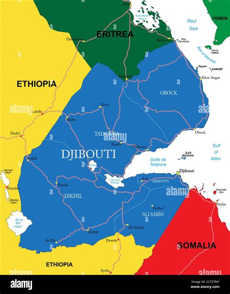 Carte vectorielle très détaillée de Djibouti avec régions administratives, principales villes et ...