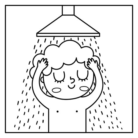 Black and white boy taking a shower icon. Cute washing kid. Child doing ...