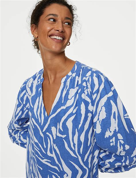 Buy Linen Rich Printed V-Neck Midi Relaxed Dress at Marks & Spencer