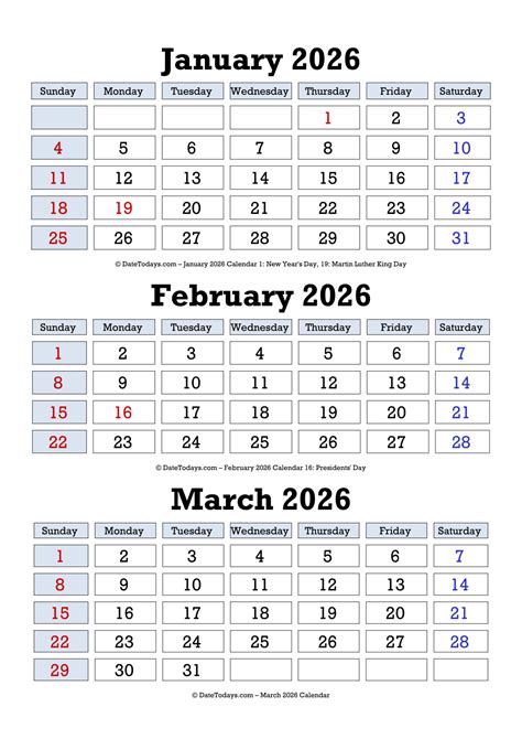 January February March 2026 Calendar Printable