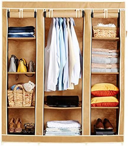 Amazon Brand - Solimo 3-Door Foldable Wardrobe, 10 Racks, Beige ...