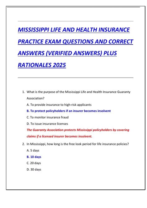 MISSISSIPPI LIFE AND HEALTH INSURANCE PRACTICE EXAM QUESTIONS AND ...