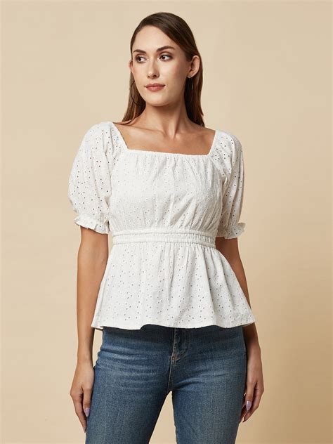 White Cotton Schiffli Women Top With Ruched Waist And Lining – Raassio