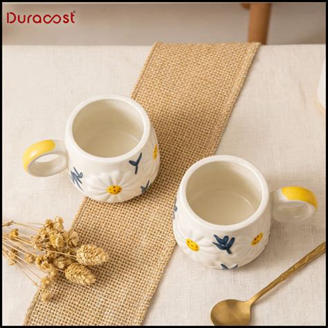 DuraSip™ Sunny Mugs – Premium Ceramic Coffee Mug Set of 2 | Floral Emb ...