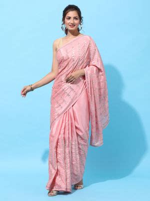 Buy Kasee Pink Sequined Pure Crepe Heavy Work Saree with Unstitched ...