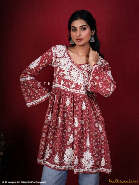Saanjh Mulmul Cotton Chikankari Angrakha Top -Red|The Chikan Label