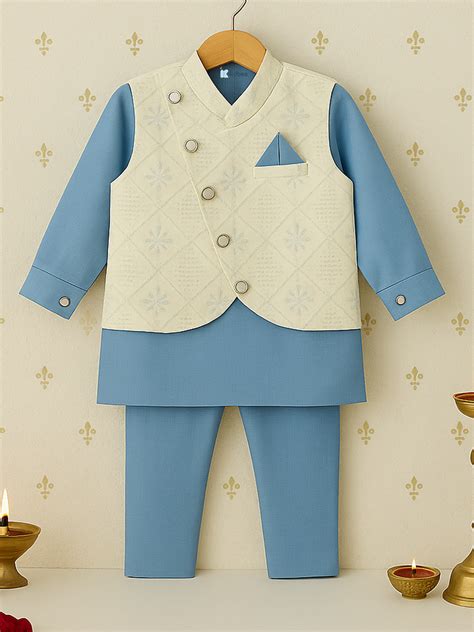 Kidbea Boys Kurta Pajama with Embroidered Nehru Jacket | Indian Ethnic