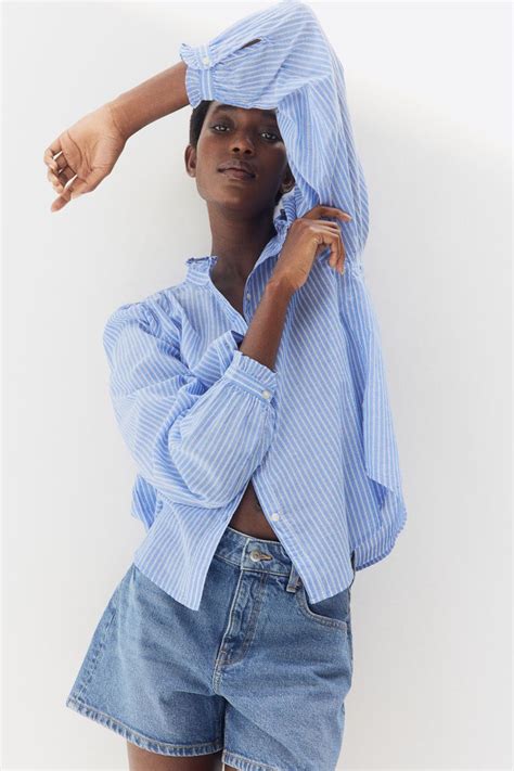 Frill-trimmed blouse - Blue/Striped - Ladies | H&M IN