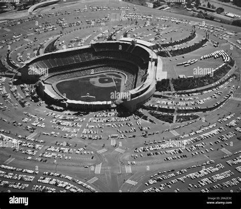 Aerial shot of the Los Angeles Dodgers baseball stadium showing the ...