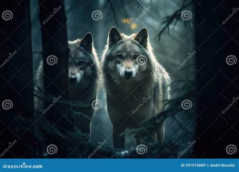 Nocturnal Wolves Dancing in Moonlight. Stock Illustration ...