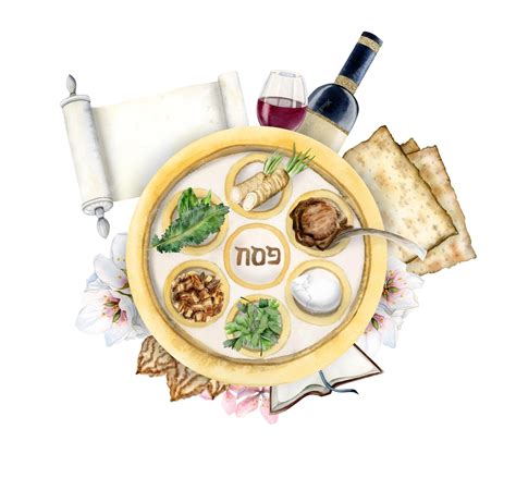 Watercolor passover symbols seder plate with holiday food wine haggadah ...