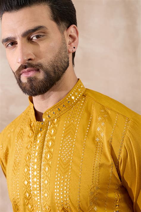 Mustard Silk Blend Embroidered Mandarin Collar Straight Kurta MKU1888 ...