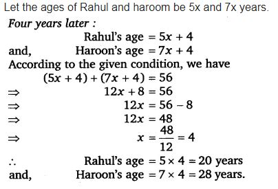 The ages of Rahul and Haroon are in the ratio 5 : 7. Four years later ...