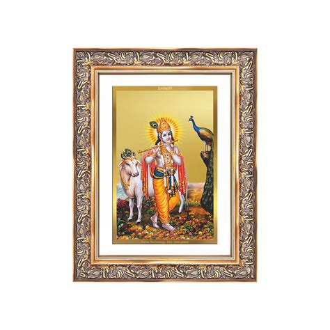 Lord Krishna with Surbhi Cow | Divine Wall Mount Photo Frame in 24K Go ...