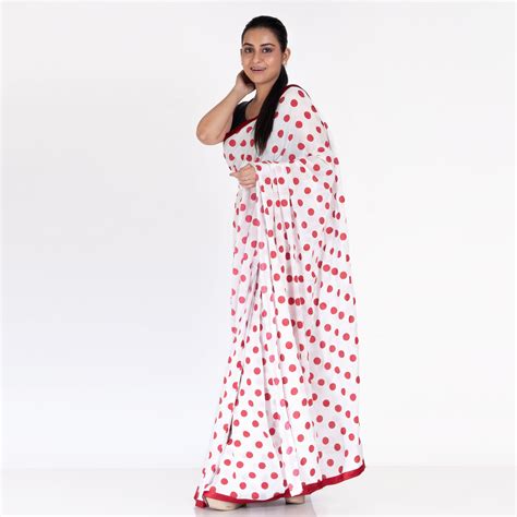 Buy Chiffon Saree Red polka dot bobby print with red satin border – Boveee