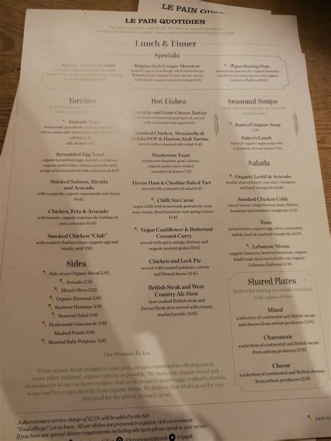 Menu at Le Pain Quotidien restaurant, London, 15-17 Exhibition Rd