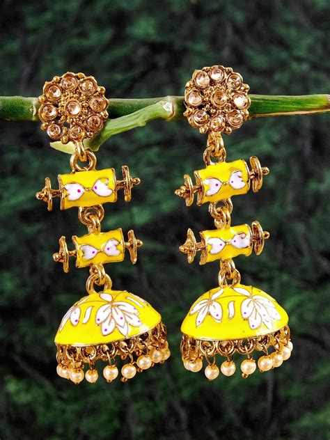 Long Yellow Meenakari Jhumka Earrings | Royal Rajasthani Design