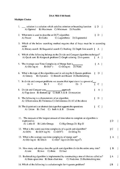 DAA Midterm 1 Bit Bank - Practice MCQs and Solutions - Studocu