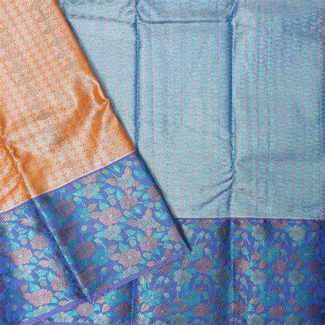 Orange with Dark Blue Floral Design Tissue Silk Saree – Thenianantham