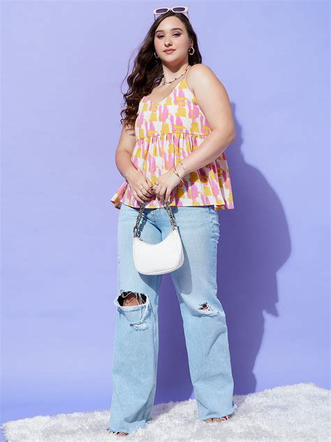 Women Plus Size White, Yellow, & Pink Brushstroke Printed V-Neck ...