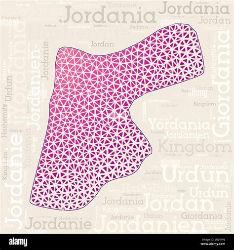 Jordan map design. Country names in different languages and map shape with geometric low poly ...