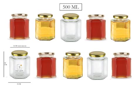 Buy STAR WORK Clear 500 ml Hexagon Jars,Glass Jars With Lids(Golden ...