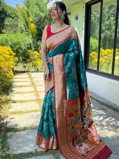 Buy Exclusive Teal Clour Paithani Silk Pichwai Woven Saree