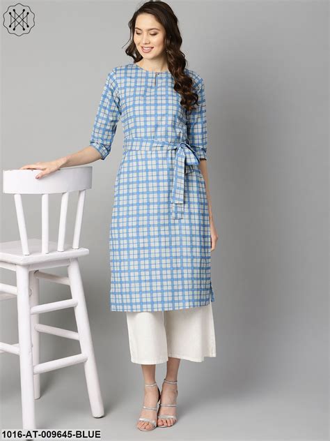 Blue Colored Checkered Boat Neck With Front Keyhole Kurta With Reversi ...