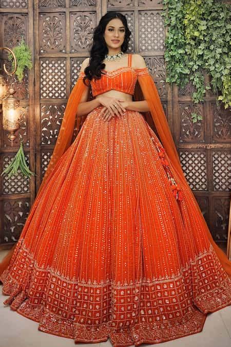Buy Orange Organza Cut Work, Sequins Sweetheart And Cutdana Embroidered ...