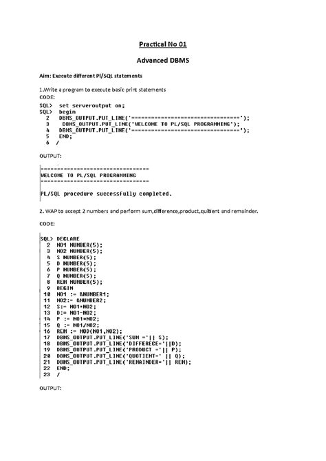 Practical No 01: Advanced DBMS SQL Statements and Functions - Studocu