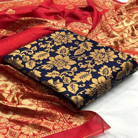Attractive Navy Blue Colored Casual Wear Woven Banarasi Silk Dress Material