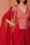 Buy Red Satin, Chanderi Beads V-neck Ratan Embroidered Cape Draped ...