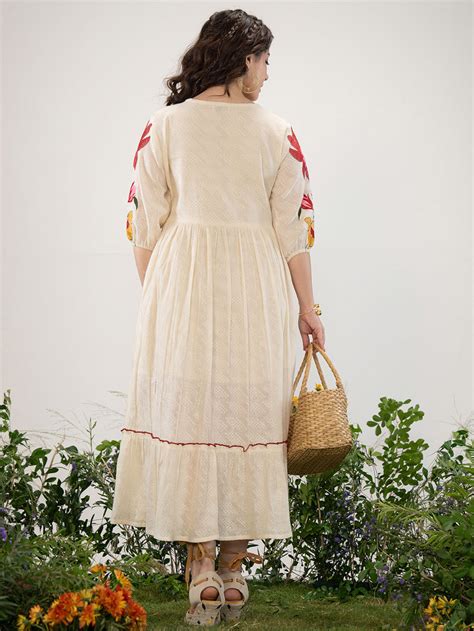 Off White Floral Embroidered Puff Sleeve Midi dress – Zummer