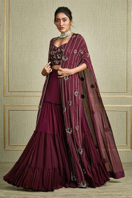 Buy Maroon Georgette, Tussar , Paper Leaf Neck Embroidered Cape Lehenga ...