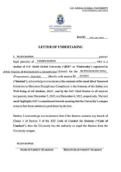 Letter of Undertaking NEW - O. JINDAL GLOBAL UNIVERSITY FOR INTERNAL ...