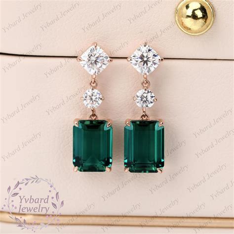 Solid 14K/18K Gold Drop Earrings, Emerald Cut Green Emerald Earrings ...