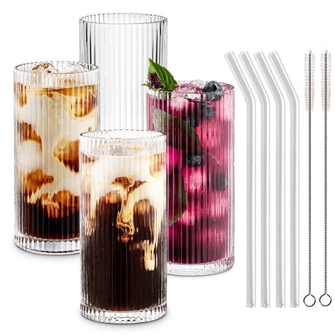 Combler Glass Cups with Straws, Drinking Glasses 12.5oz, Ribbed ...