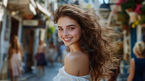 Beautiful model smiling and looking back in vibrant city setting ...