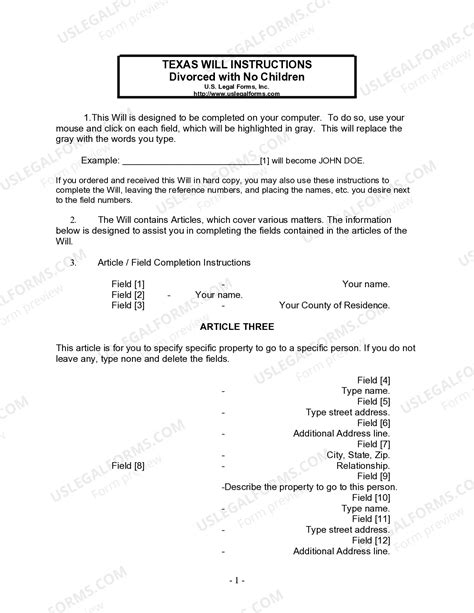 Texas Last Will and Testament for Divorced Person Not Remarried with No ...