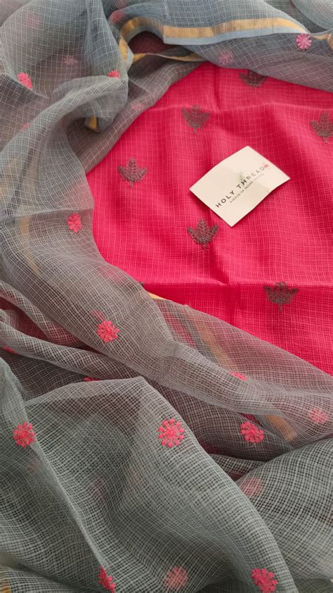 Pure kota doria leaf suit in pink and grey – HolyThread India