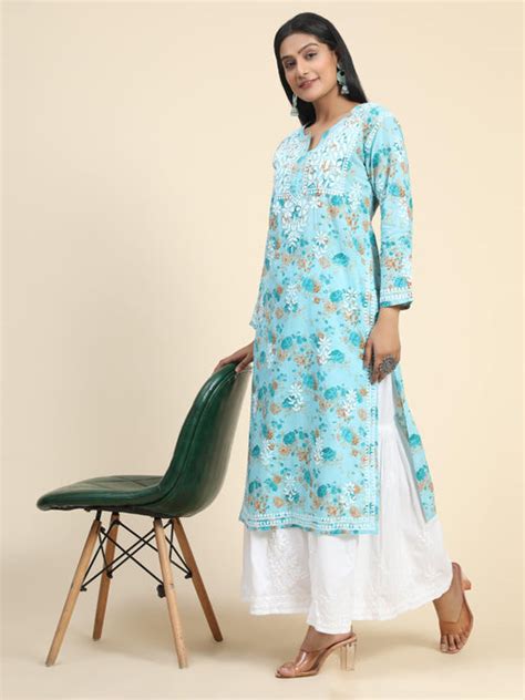 Samma Mul Printed Hand Embroidery Chikankari Kurta- Turquoise Blue ...
