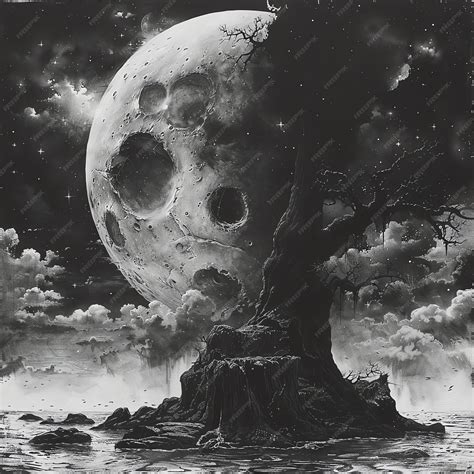 A black and white drawing of a full moon with a tree on it | Premium AI ...