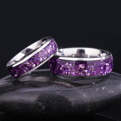 Unique Amethyst Crushed Gemstone Wedding Bands for Couples - Matching ...